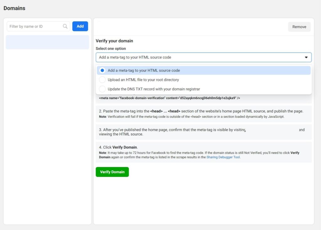 Verifying a domain by adding a meta-tag to HTML source code