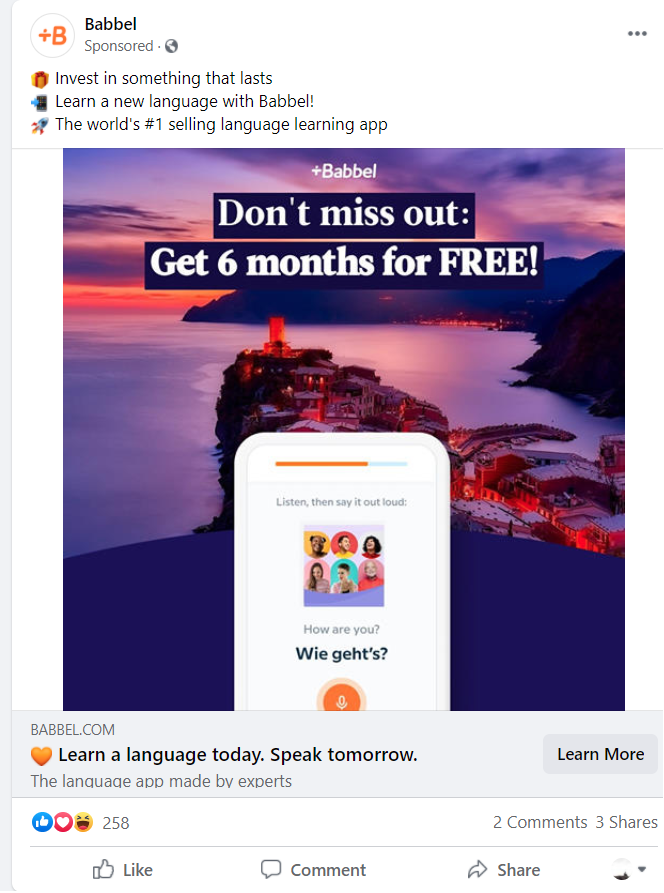 Facebook ad design from Babbel