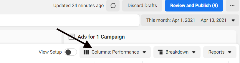 Customizing columns in Facebook Ads Manager reporting dashboard