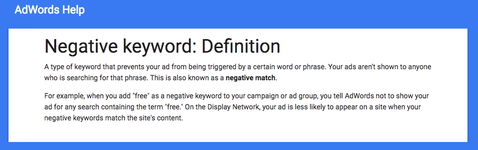 adwords negative keyword definition