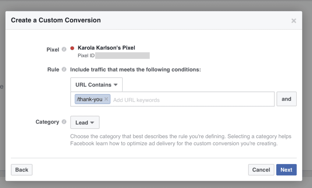 create a custom conversion in facebook pixel