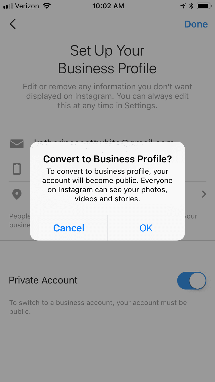 Screenshot: convert to aInstagram for Business profile