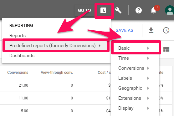 locating the reporting section of adwords