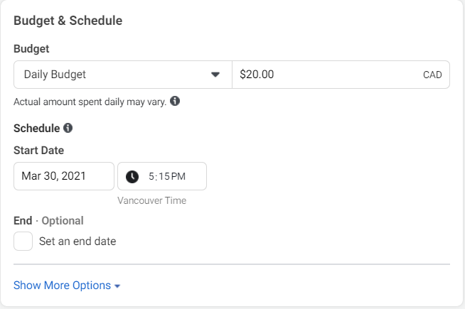 Budget and Schedule settings in Facebook Ads Manager