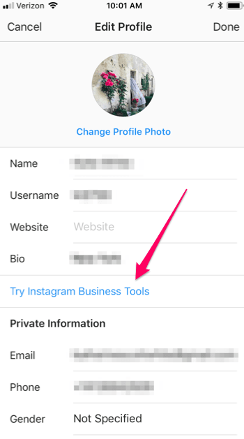 Screenshot: selecting Instagram Business Tools.