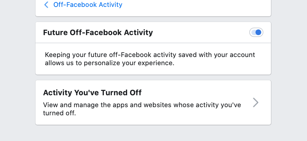 Facebook's dashboard that allows you to turn off tracking activity 