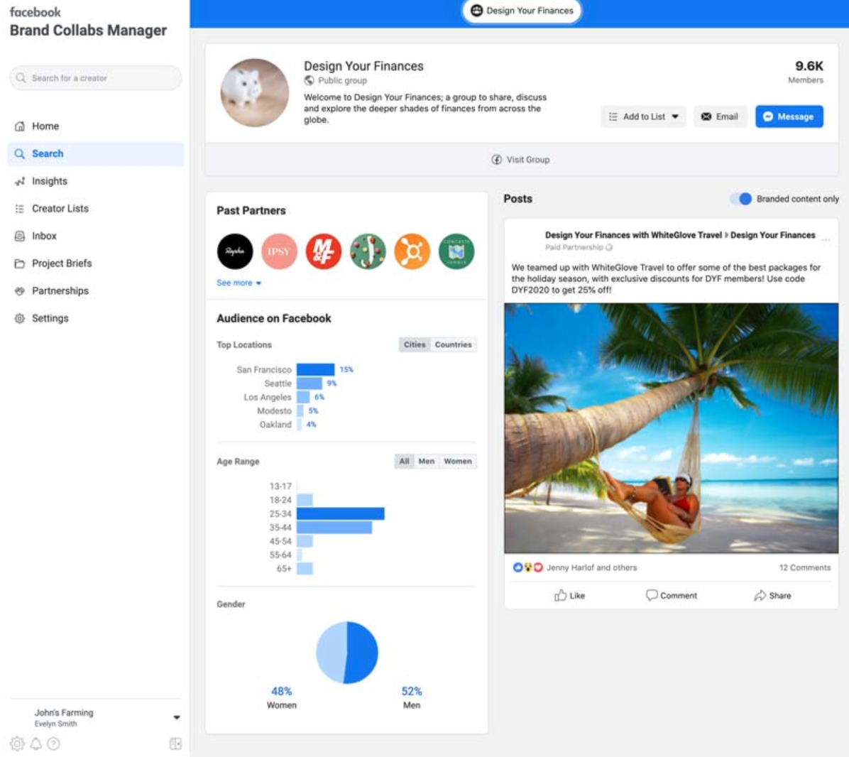 Facebook brand collaboration public groups dashboard