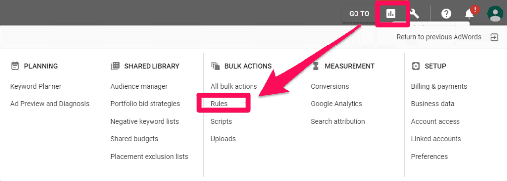 selecting rules in adwords dashboard