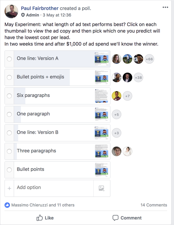 facebook ad copy length - adespresso experiment - prediction poll