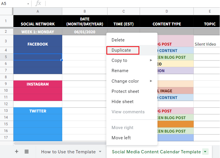 Social media content calendar template - instructions on how to copy and customize the sheet