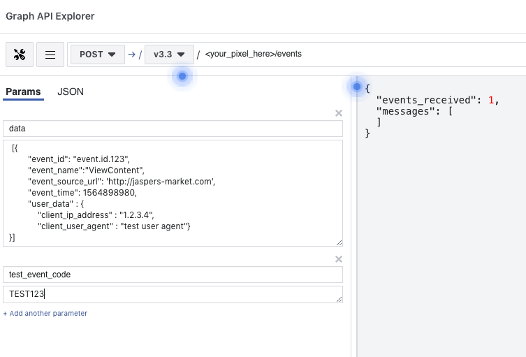 Setting up event test in Facebook Graph API Explorer