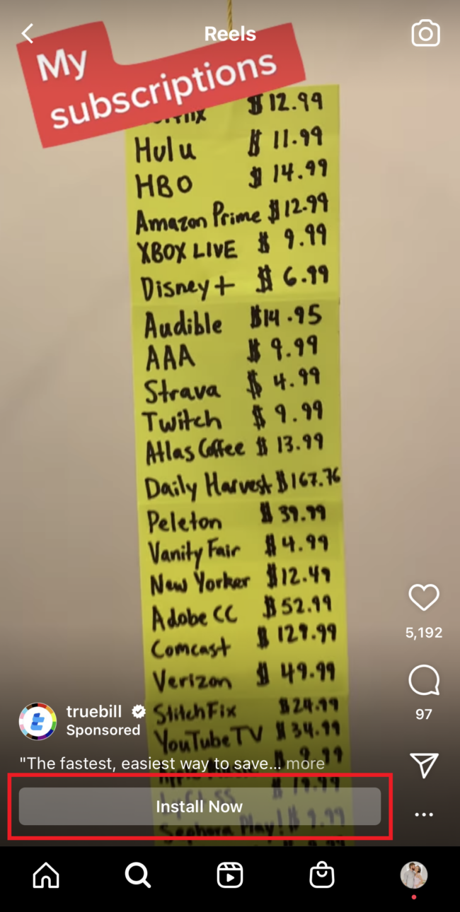 Instagram Reels ad for truebill